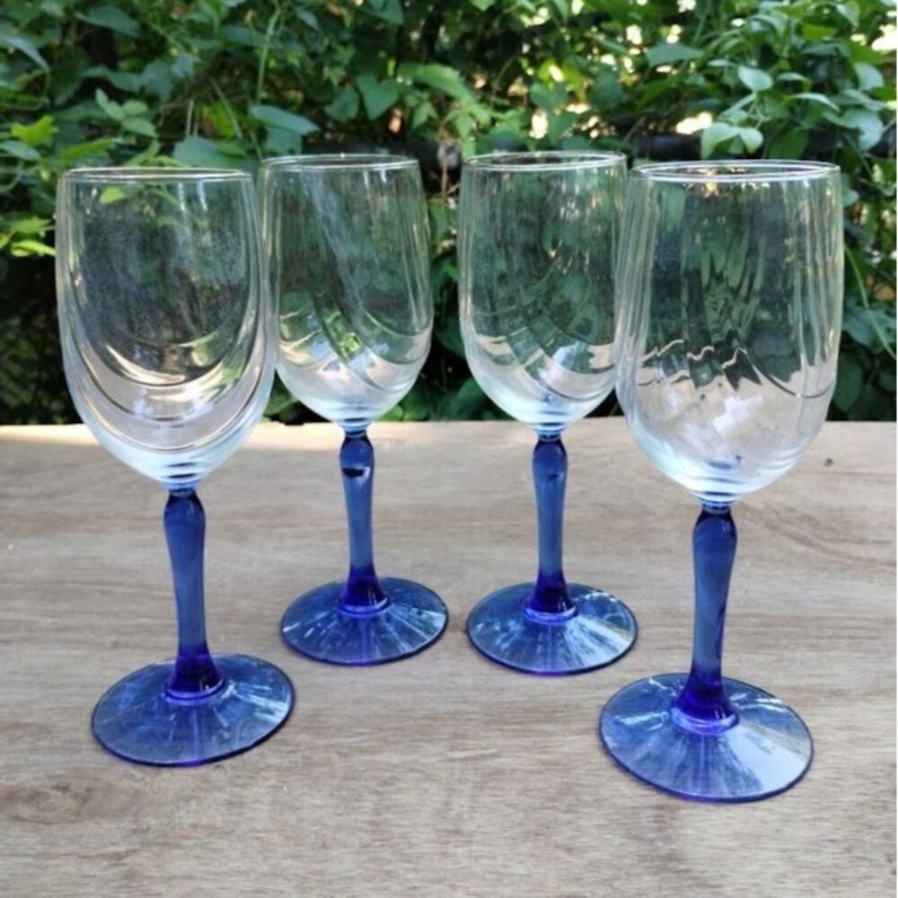 Vintage Lenox Wine Glasses Crystal Cobalt Blue Stemmed Dual Swag Gold Rim Set 4